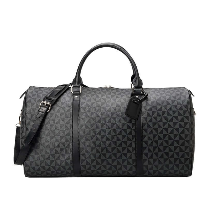 Fitlybuy Westman unisex travel duffle in black with gray geometric pattern, leather trim, and adjustable shoulder strap.