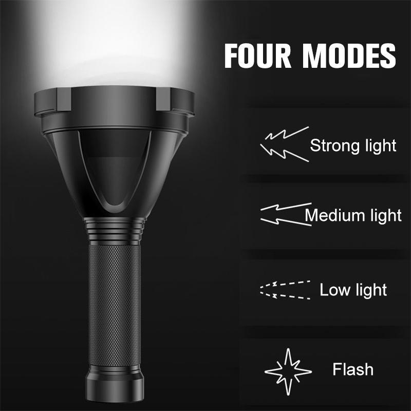 Fitlybuy high-power black LED flashlight emitting bright light, showing four modes: strong, medium, low, and flash.