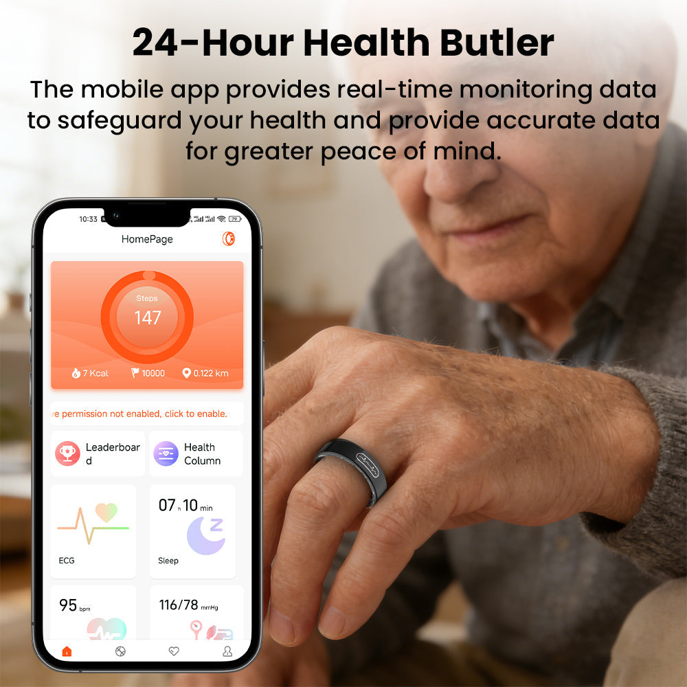 Elderly person wearing a black Kexi-Life R09 smart health ring, with a smartphone app showing ECG and blood pressure data.
