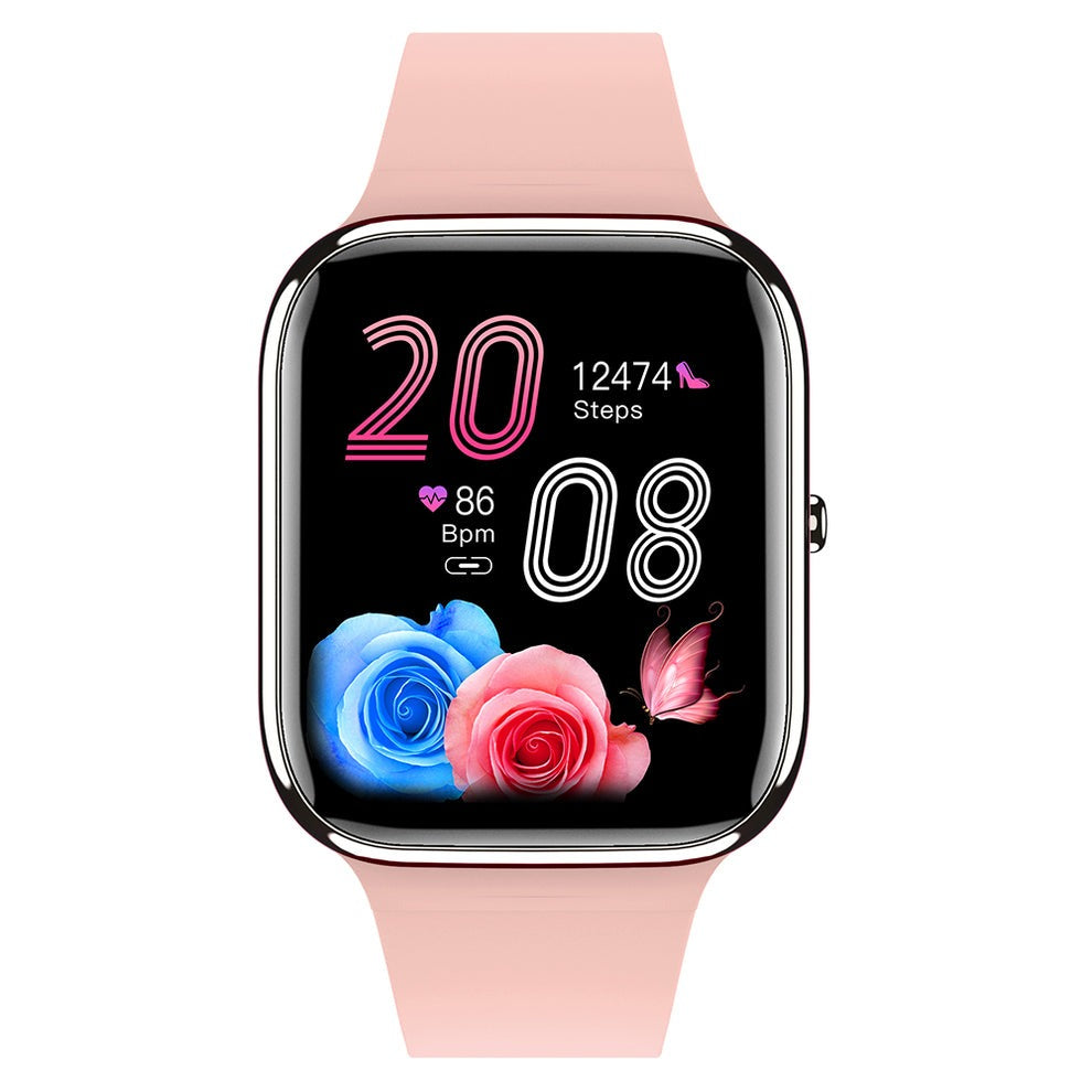Fitlybuy Kexi-Life Watch 3 Pro in pink with health tracking display showing heart rate, steps, and floral design.