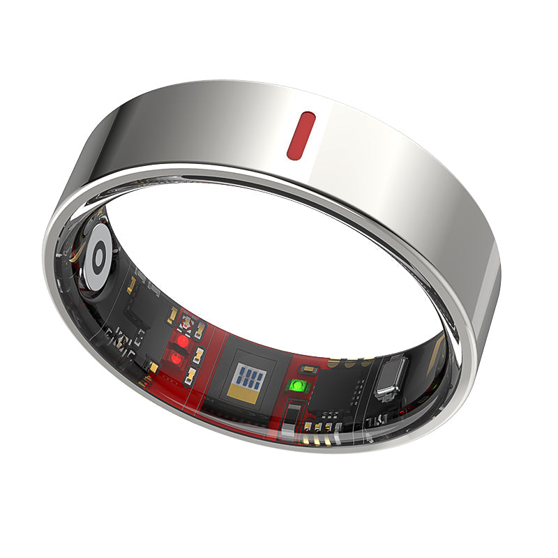 Fitlybuy Kexi-Life R03 silver smart ring with visible inner health monitoring sensors and red LED indicator.