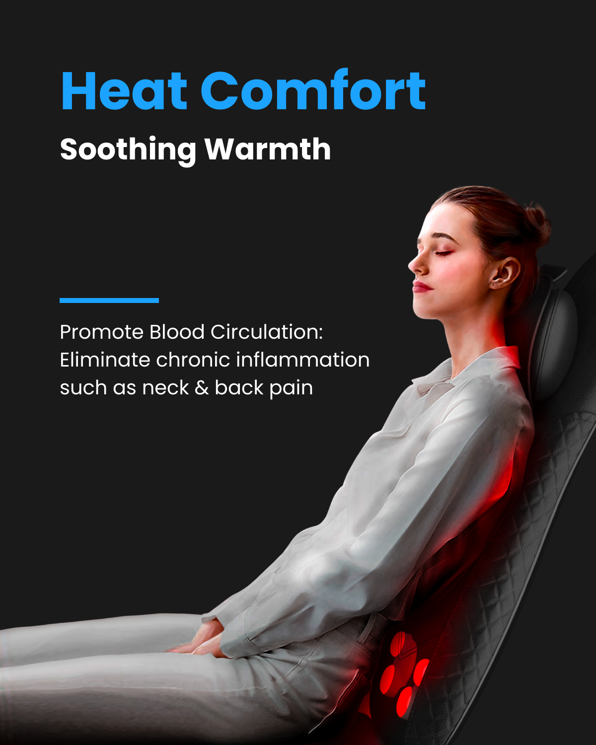 Woman relaxing in a black Fitlybuy Shiatsu massager chair with red heat therapy lights, promoting relief and comfort.