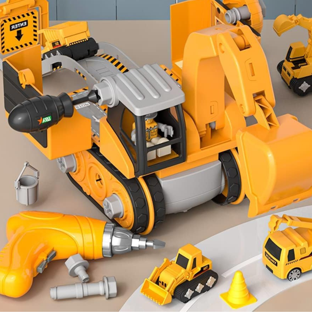Fitlybuy LittleBuilder yellow construction truck playset with take-apart excavator, toy drill, and small vehicles.