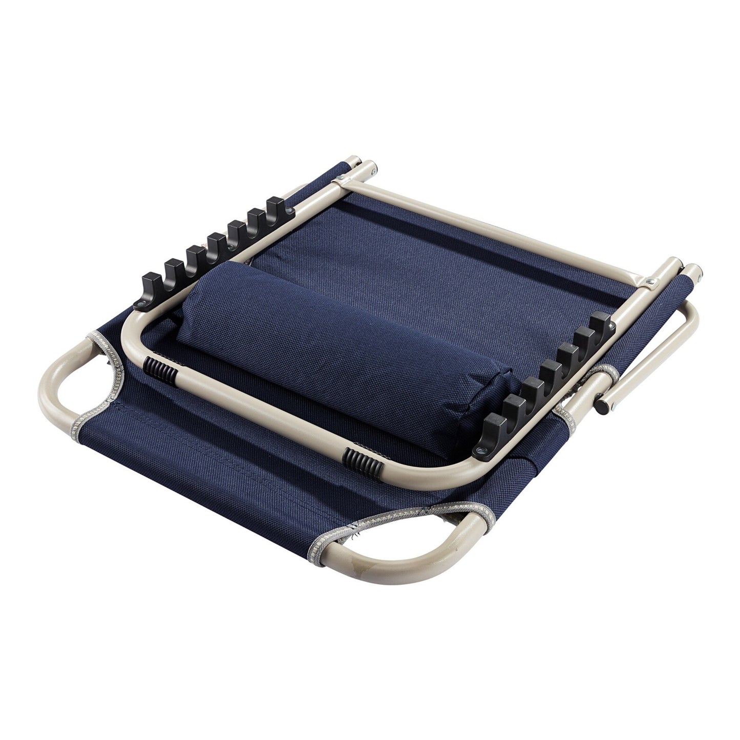 Fitlybuy LumbarLux navy blue adjustable backrest with a beige frame, integrated head cushion, and reclining notches.