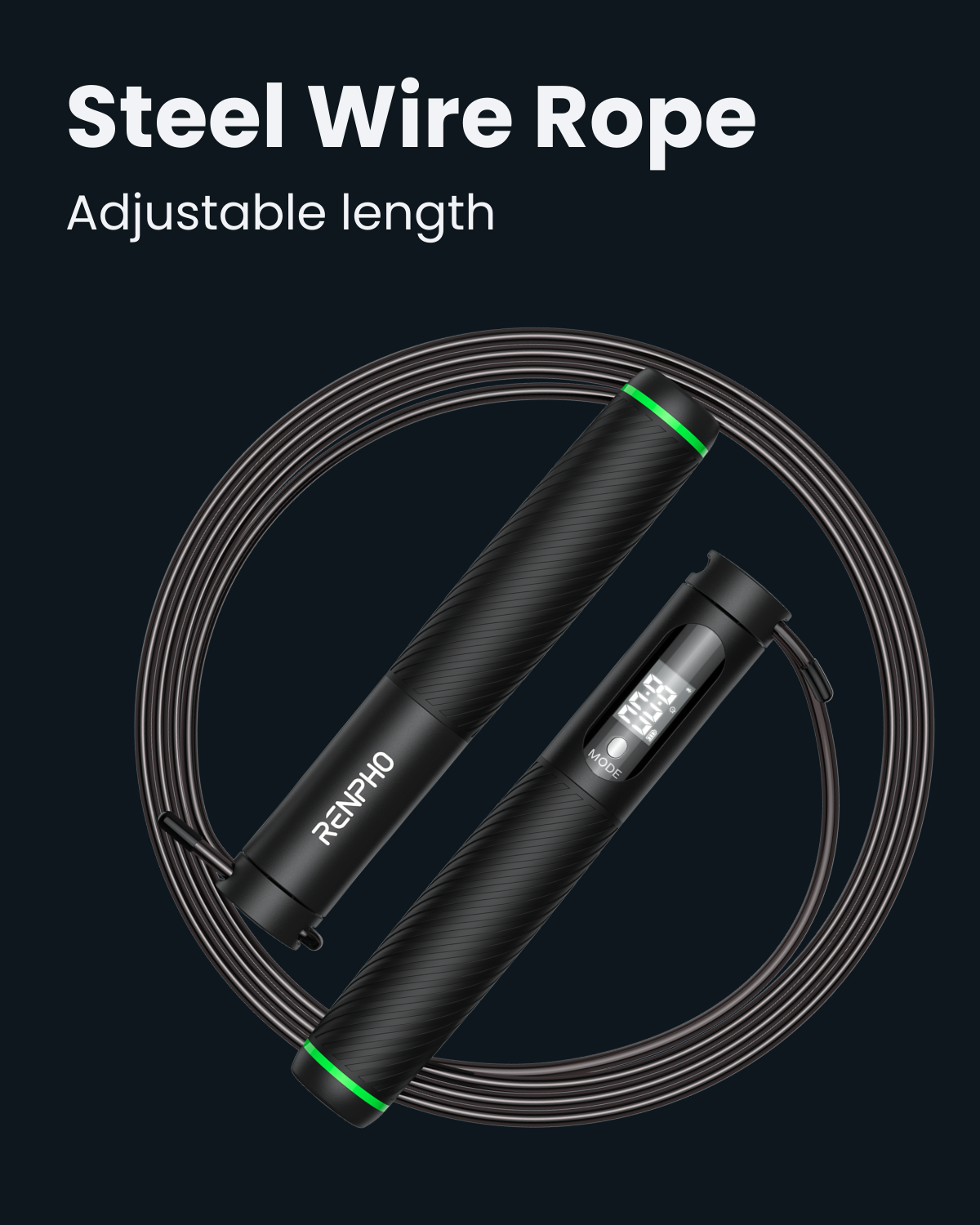 Black Renpho smart jump rope with steel wire, digital display, textured handles, and neon green accents.