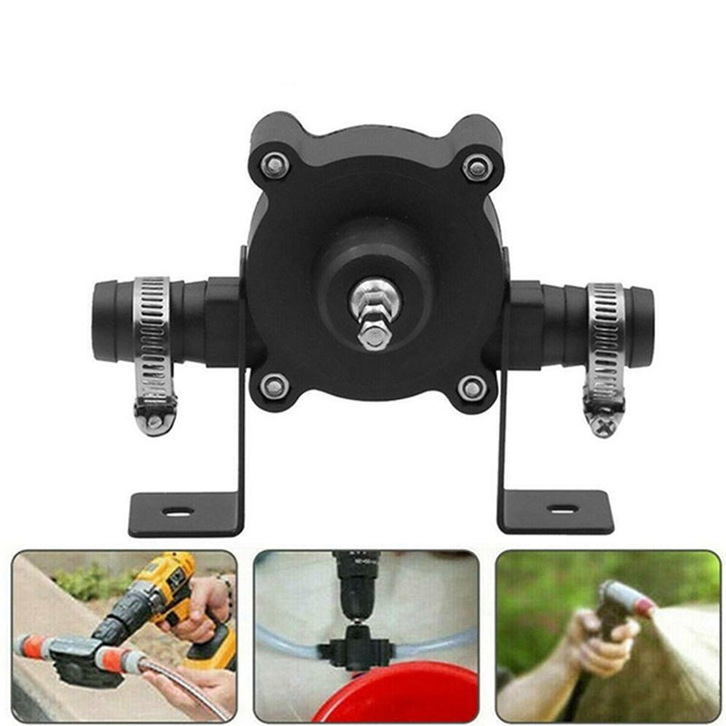 Fitlybuy black self-priming transfer pump, drill-powered, with mounting brackets, hose clamps, and usage examples.