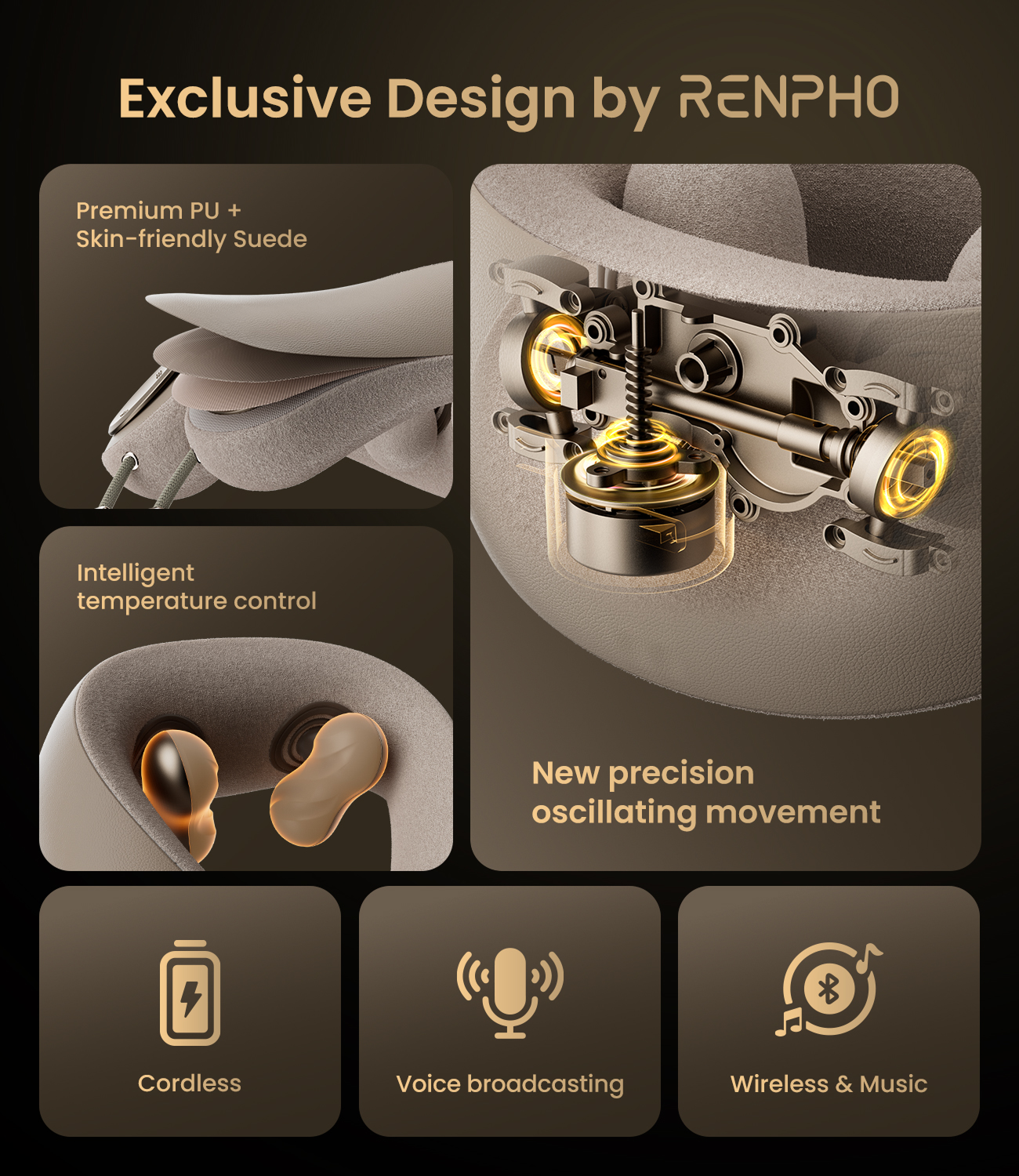 Fitlybuy U-Neck mini massager with suede finish, heating nodes, cordless design, voice prompts, and music connectivity.