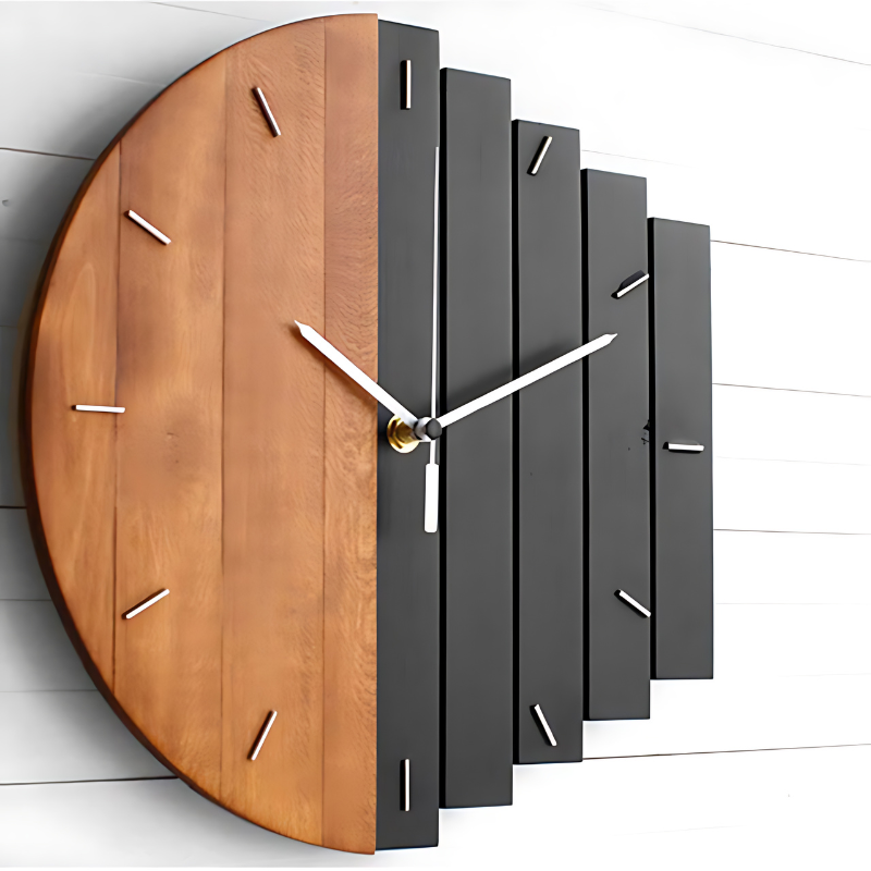 Fitlybuy ClarityTime wall clock with a modern, tiered design in wood and matte black on a white paneled wall.