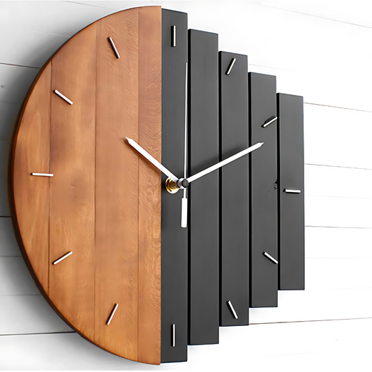 Fitlybuy ClarityTime wall clock with a modern, tiered design in wood and matte black on a white paneled wall.