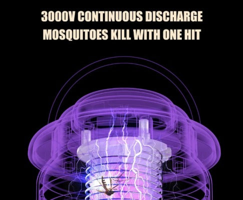 Fitlybuy mosquito zapper featuring a purple glowing electric grid discharging 3000V to kill a mosquito on black background.