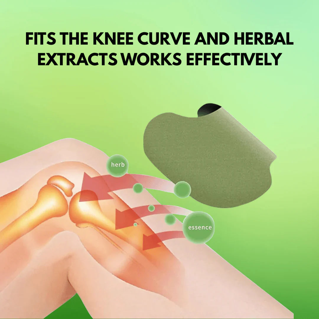 Fitlybuy green herbal knee patch illustration showing pain relief essence penetrating a human knee joint.