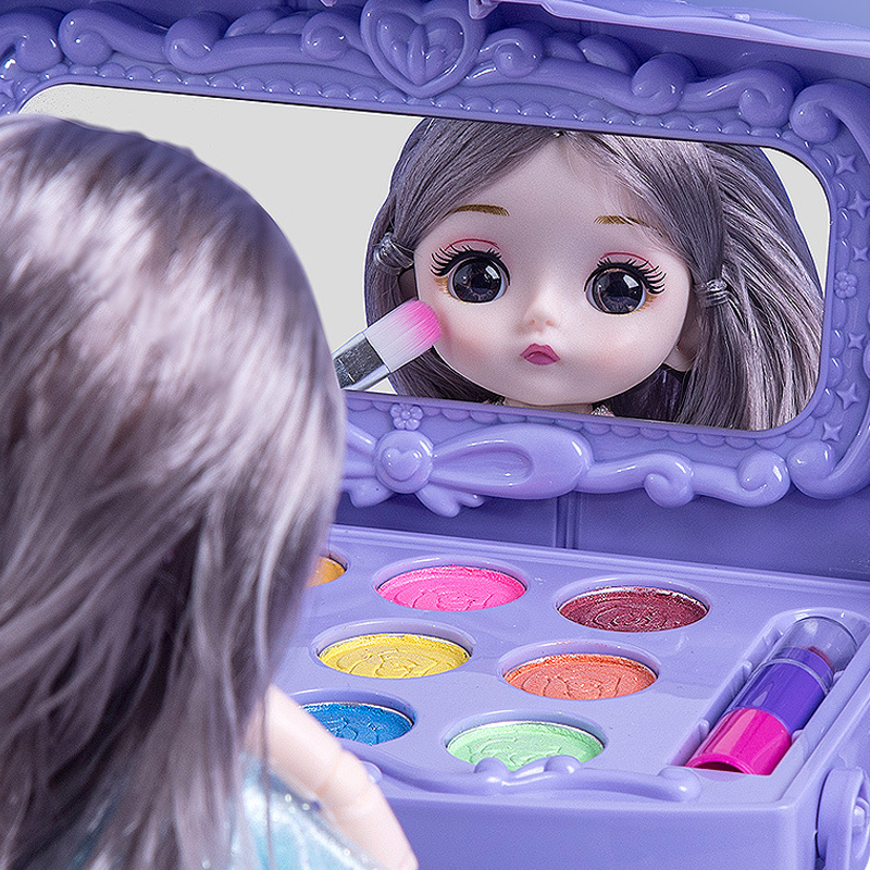 Purple Fitlybuy kids' makeup set with doll, mirror, colorful eyeshadow palette, and toy lipstick for pretend play.