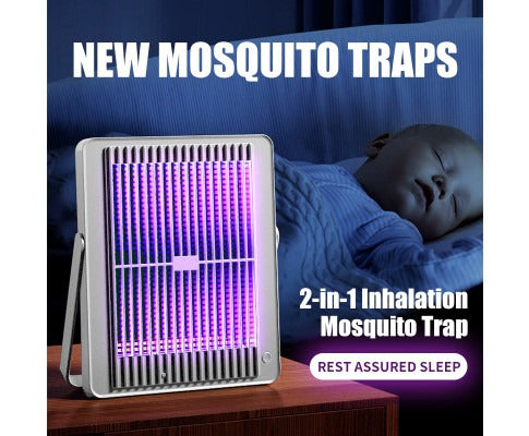 Fitlybuy rechargeable electric insect killer with purple UV light on a bedside table next to a sleeping baby.