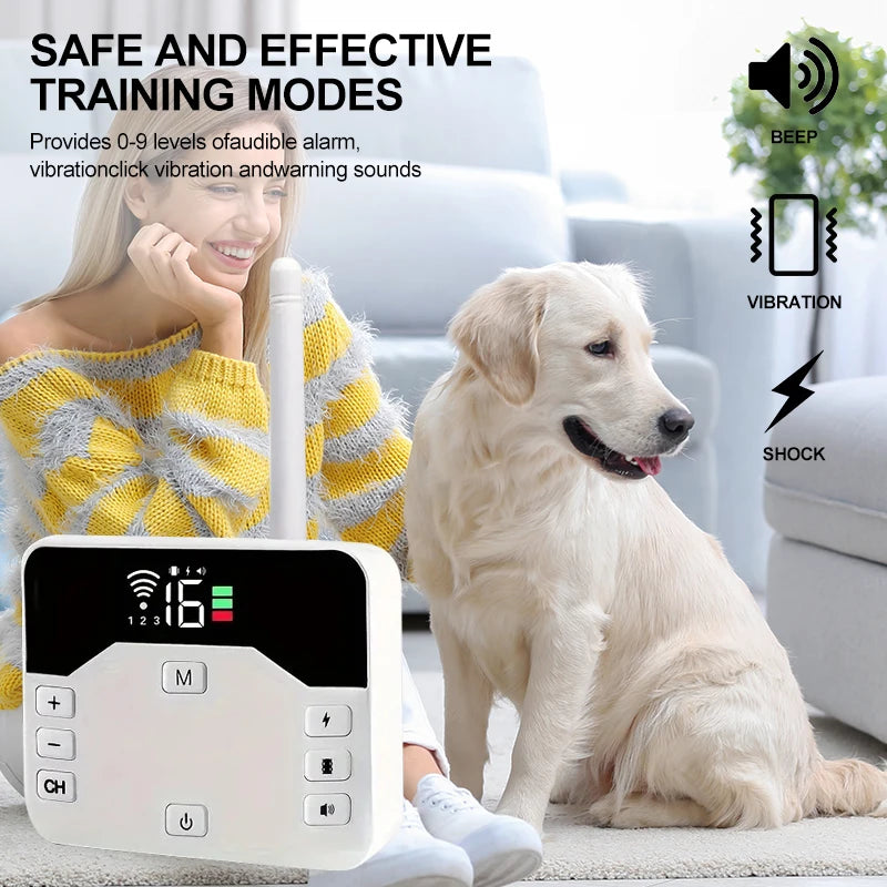 Fitlybuy 2-in-1 wireless dog fence remote with digital display, buttons, and beep, vibration, and shock icons.