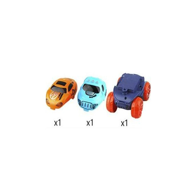 Fitlybuy MagniTrack set featuring one orange car, one light blue car, and one dark blue car with orange wheels.