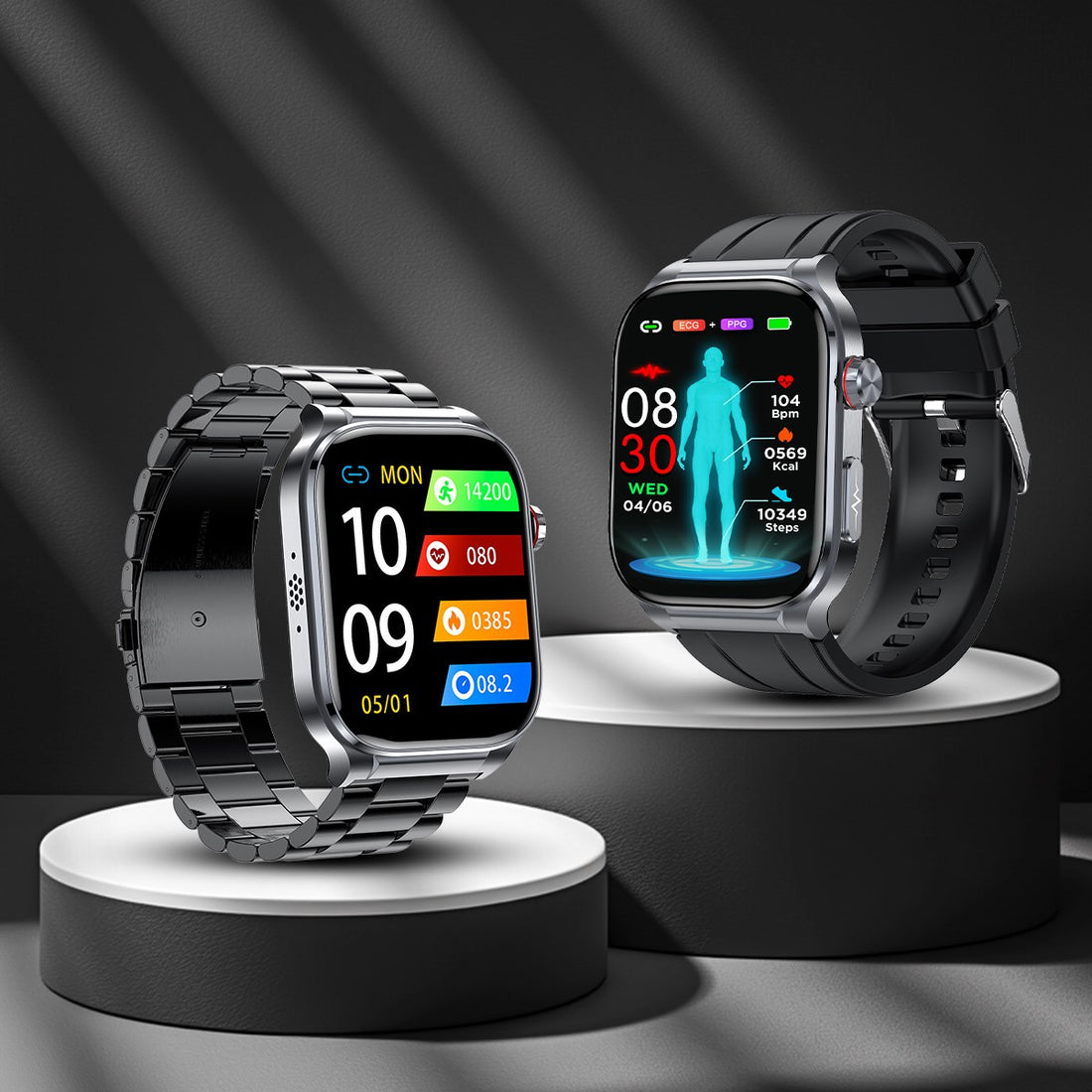 Two Fitlybuy Kexi-Life Pro 9 smartwatches with health tracking displays, one metal band, one silicone, on pedestals.