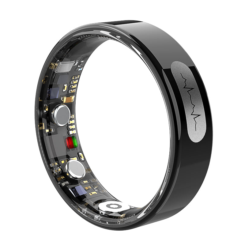 Black Fitlybuy Kexi-Life R08 smart ring with inner biometric sensors and an EKG heart rate icon on the exterior.