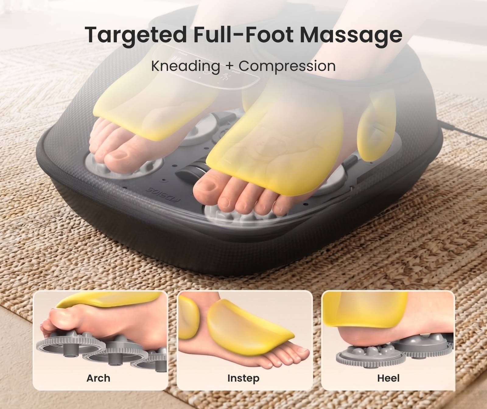Black Fitlybuy Solheel foot massager with ComfortWave compression, showing kneading massage on arch, instep, and heel.
