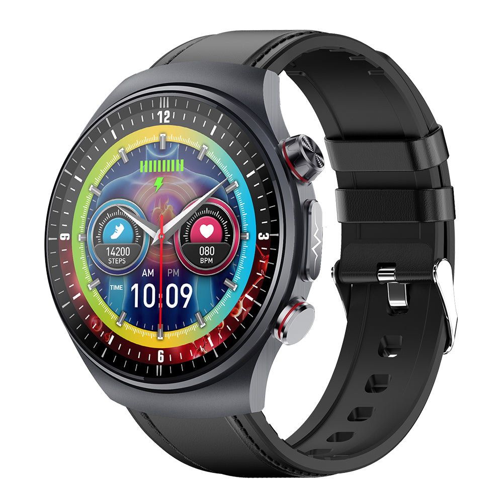 Fitlybuy Kexi-Life Pro 10 smartwatch: black circular case and strap, colorful health display with heart rate and steps.