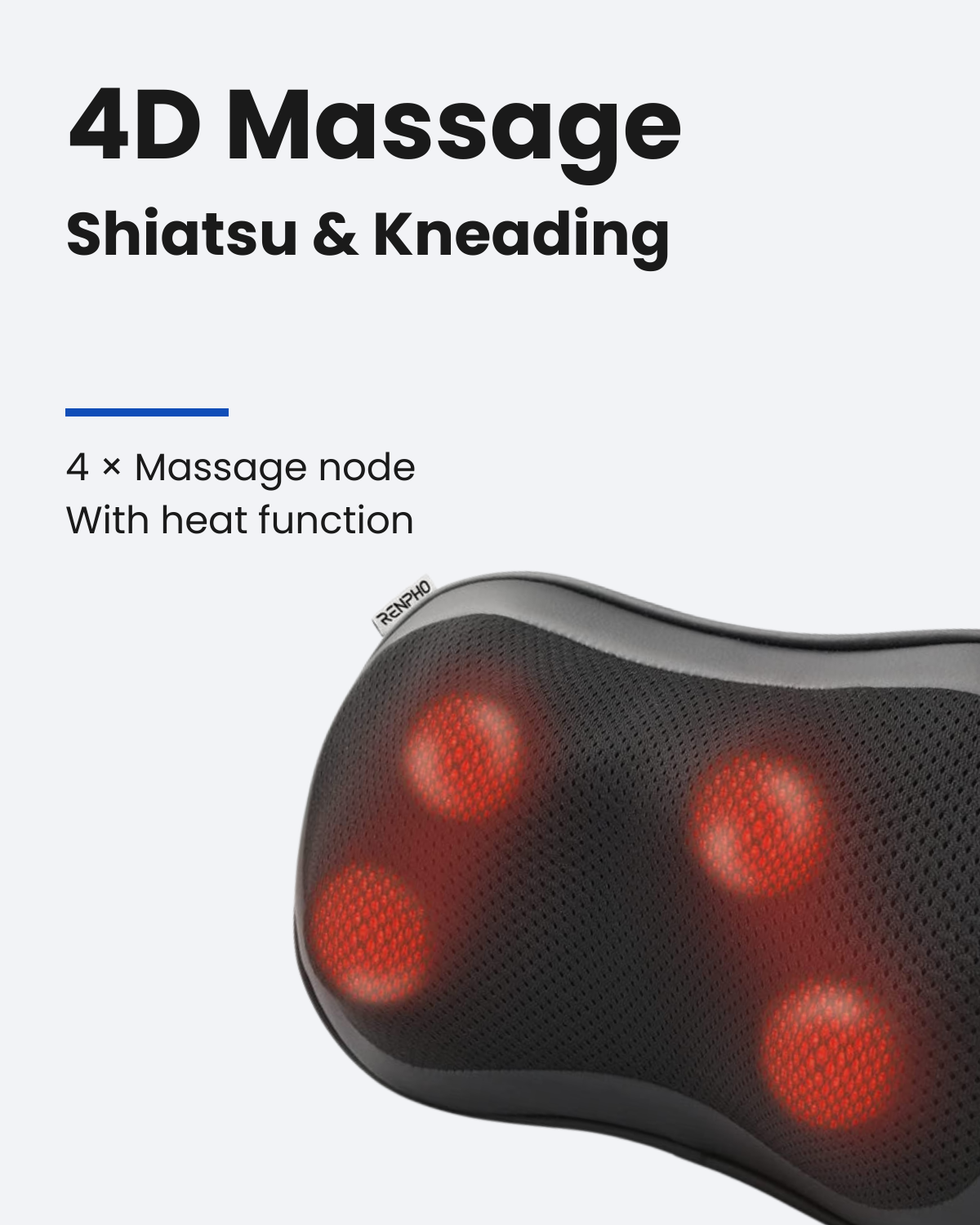 Black Fitlybuy RelaxMax massage pillow with four glowing red 4D Shiatsu nodes for soothing heat therapy.