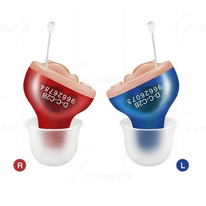 Fitlybuy rechargeable hearing aids: pair of red and blue in-ear devices with white silicone domes and pull wires.
