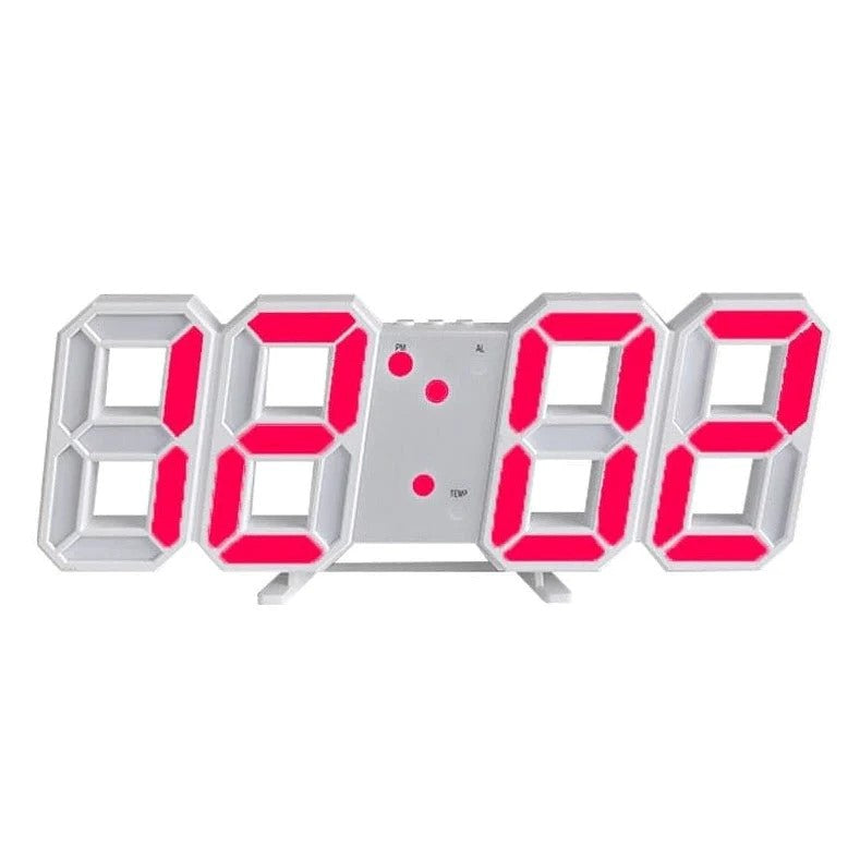 Fitlybuy PixelTime 3D LED digital wall clock in white with bright pink numbers, date, and temperature display.
