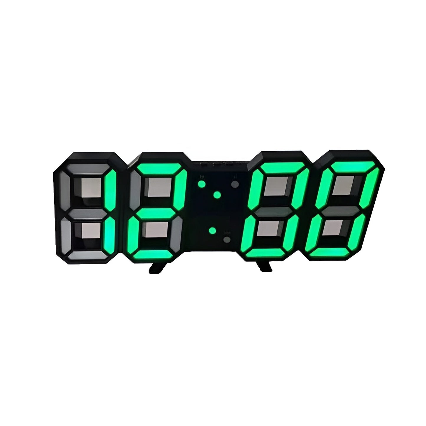 Fitlybuy PixelTime 3D digital wall clock with black frame and vibrant green LED segmented display on a white background.