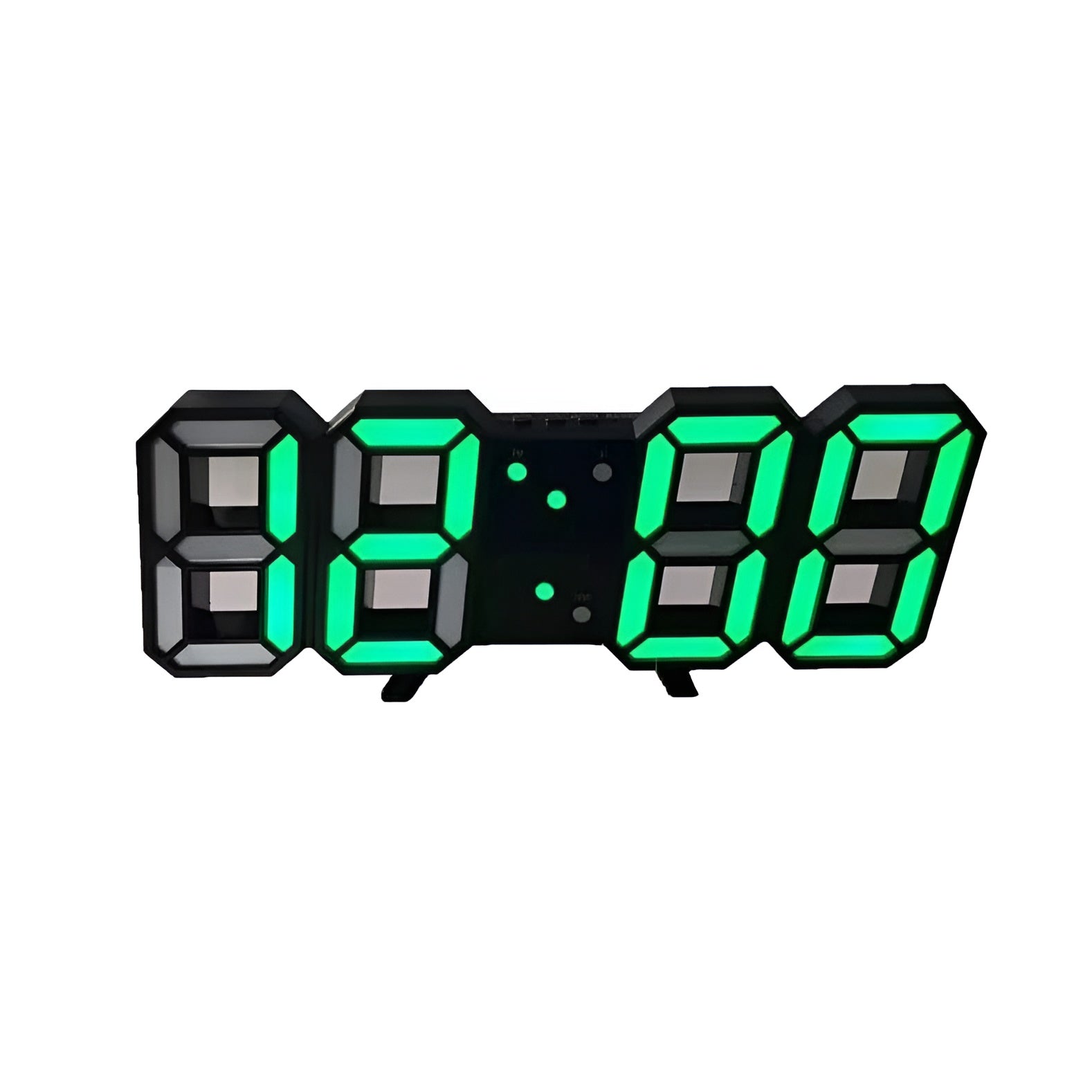 Fitlybuy PixelTime 3D digital wall clock with black frame and vibrant green LED segmented display on a white background.