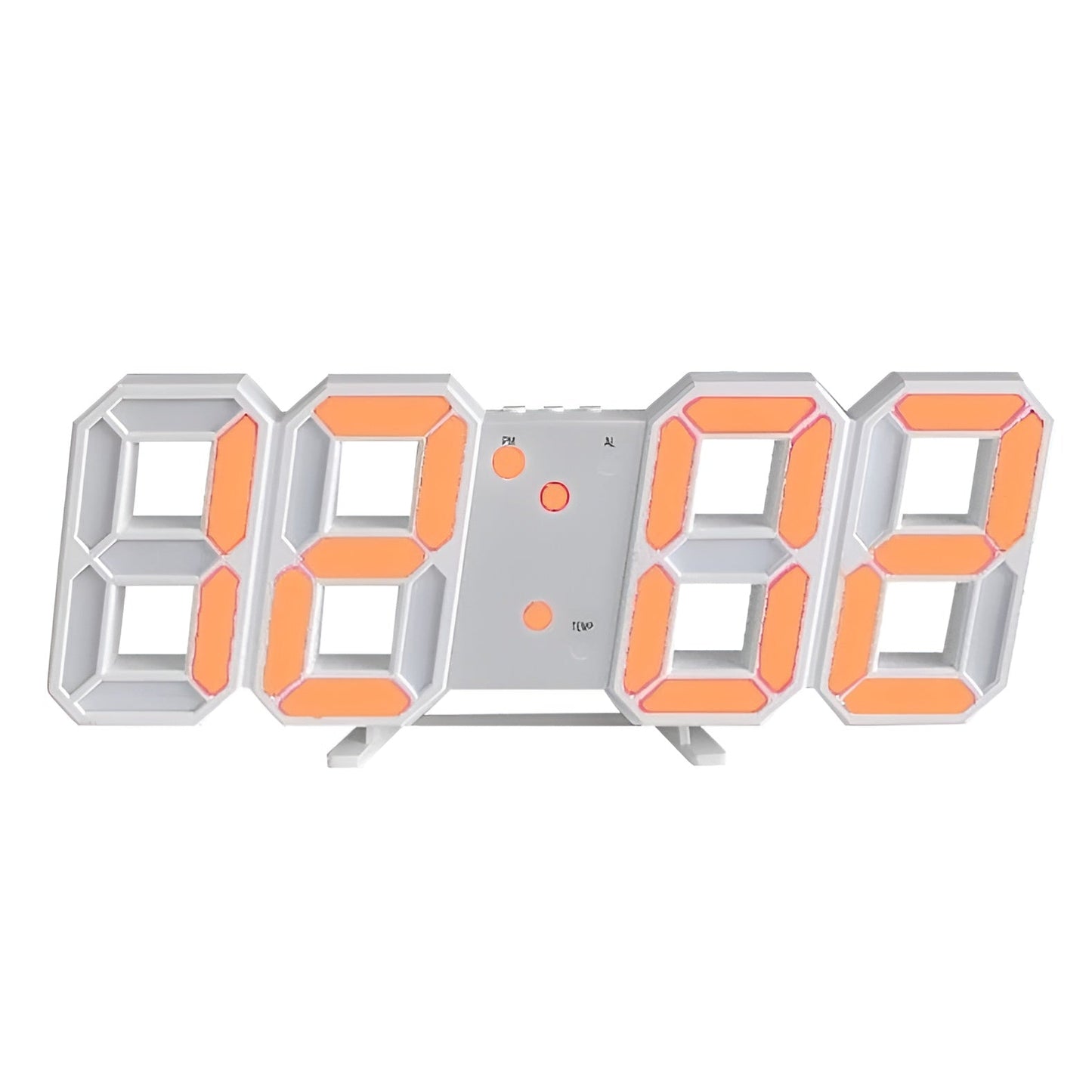 Fitlybuy PixelTime 3D digital wall clock with white frame and orange LED numbers on a stand.