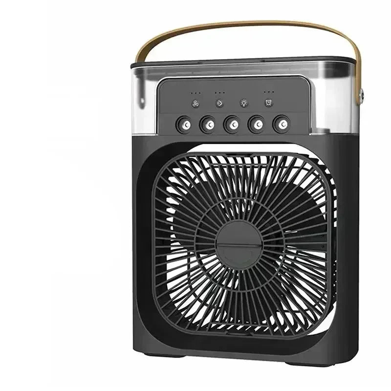 Fitlybuy black 3-in-1 portable air cooler and humidifier with fan, control panel, and a tan leather-style carry handle.