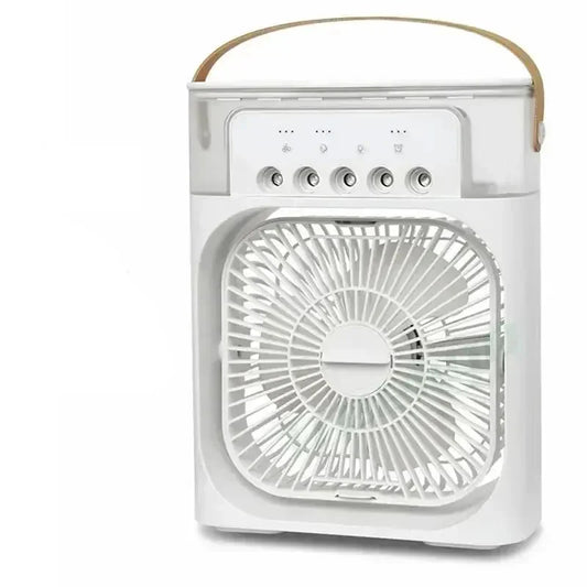 White 3-in-1 portable air cooler and humidifier with a tan leather handle and five control buttons, isolated on white.