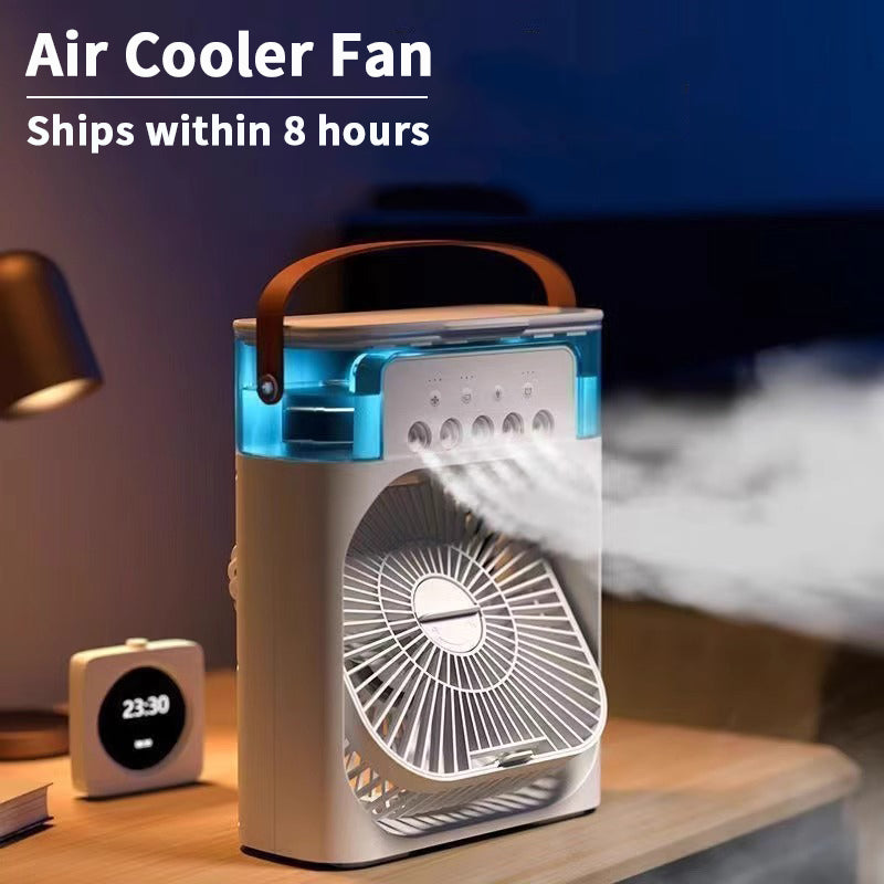 Fitlybuy 3-in-1 white portable air cooler and humidifier with leather handle, LED light, and mist feature on a desk.
