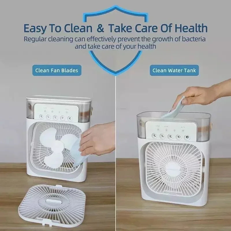 Fitlybuy 3-in-1 portable white air cooler and humidifier showing user cleaning fan blades and water tank for hygiene.