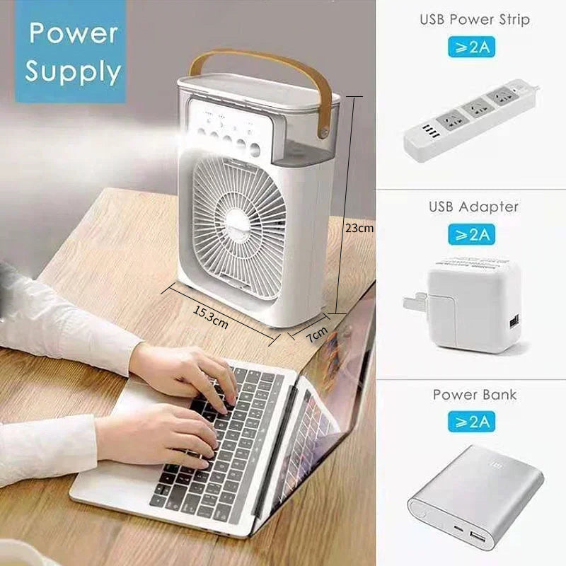 White 3-in-1 portable air cooler and humidifier with leather handle, shown on desk with USB power source options.
