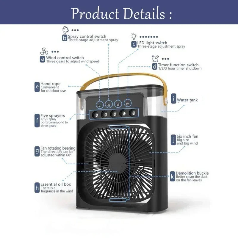Fitlybuy 3-in-1 portable air cooler, humidifier, and fan with adjustable spray, LED light, and carrying handle.