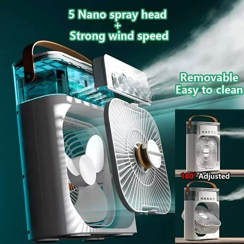 Fitlybuy white portable air cooler with 5-spray humidifier, leather handle, and 180-degree adjustable fan head.
