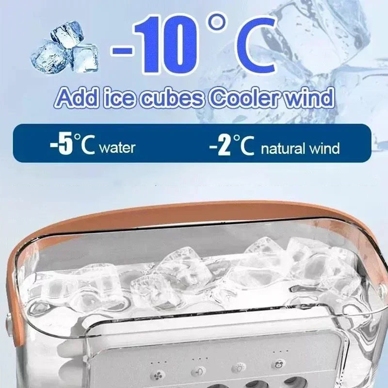 Fitlybuy 3-in-1 portable air cooler with an ice-filled transparent tank, copper handle, and cooling temperature stats.