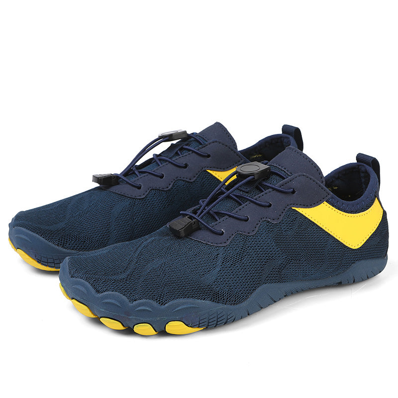 Fitlybuy AquaStep navy and yellow non-slip barefoot water shoes with quick-dry mesh and toggle lace-up system.