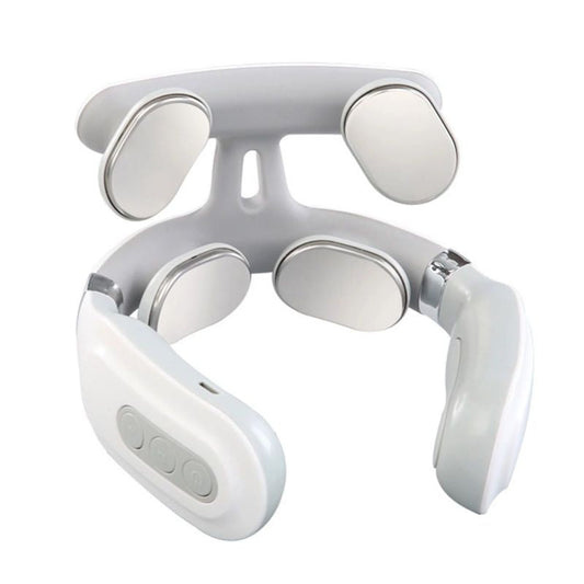 Fitlybuy white 4-head cervical massager with metallic nodes and side control buttons against a white background.