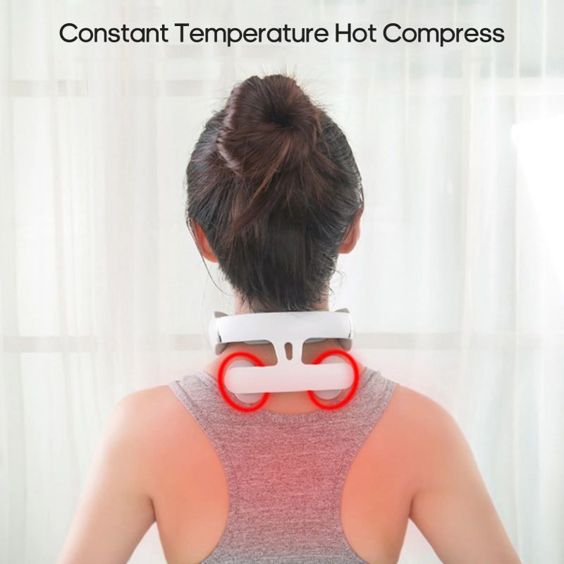 Woman wearing a white Fitlybuy 4-head cervical massager with heated vibration therapy on her neck.