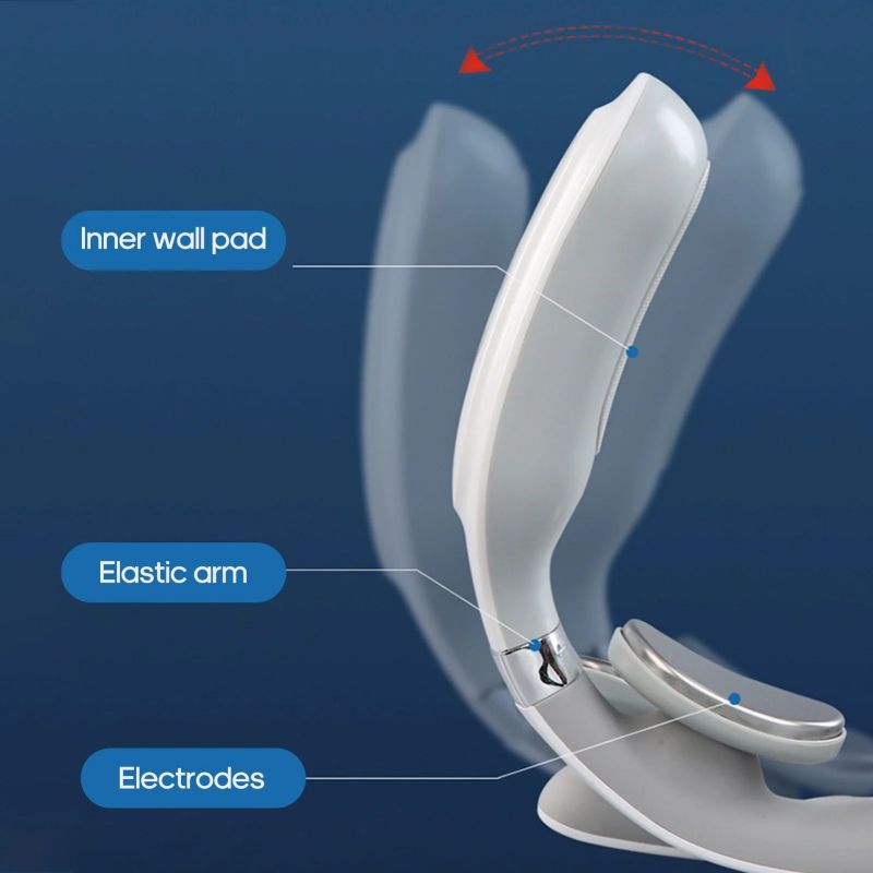 Fitlybuy white cervical neck massager with elastic arms, electrodes, and inner pads shown with movement indicators.