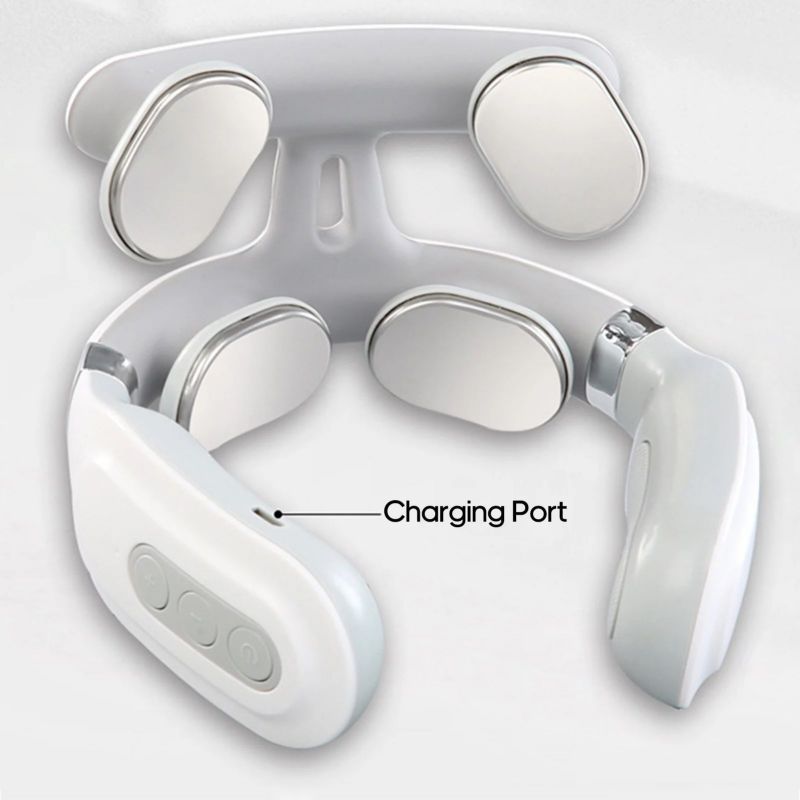 Fitlybuy 4-head white cervical massager featuring silver massage nodes, side control buttons, and a visible charging port.