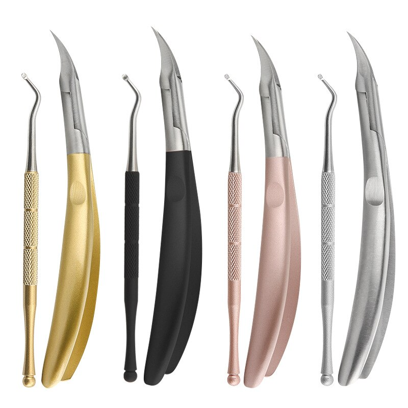 Four sets of Fitlybuy precision toenail clippers and ingrown nail lifters in gold, black, rose gold, and silver.