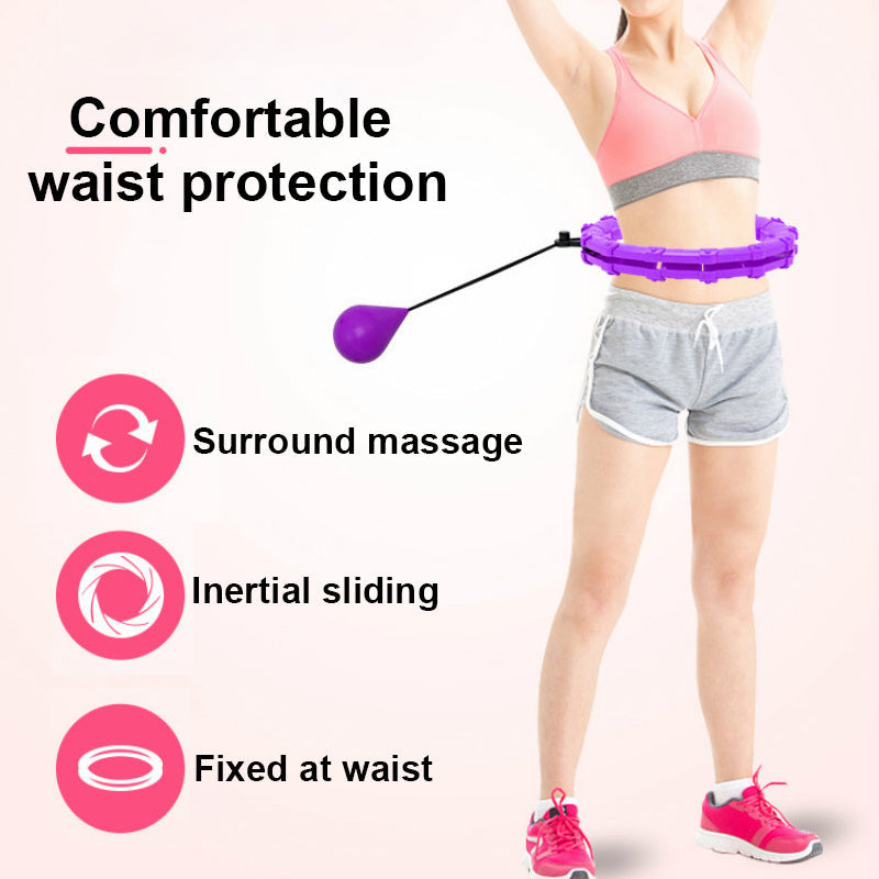 Fitlybuy purple adjustable smart hula hoop with weighted ball worn by a woman, highlighting massage and sliding features.