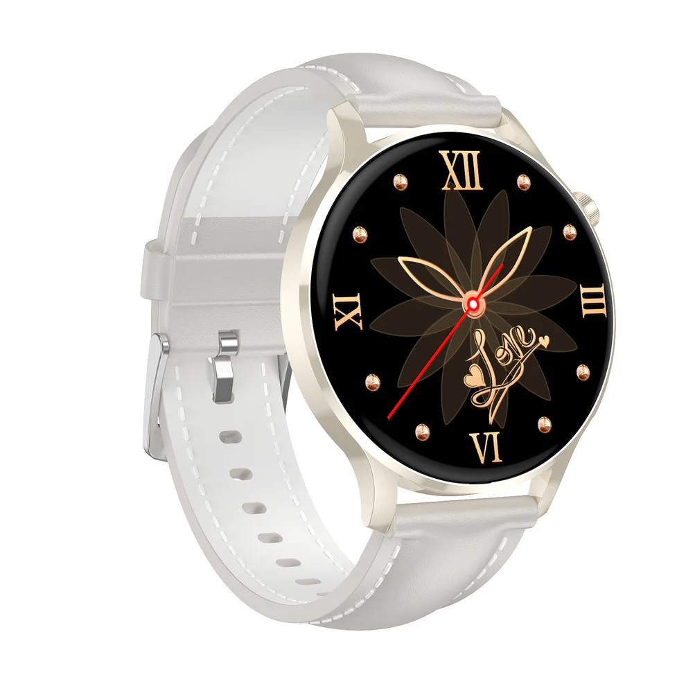 Fitlybuy Kexi-Life Watch 3 Pro: white smartwatch with gold bezel, floral watch face, and health monitoring features.