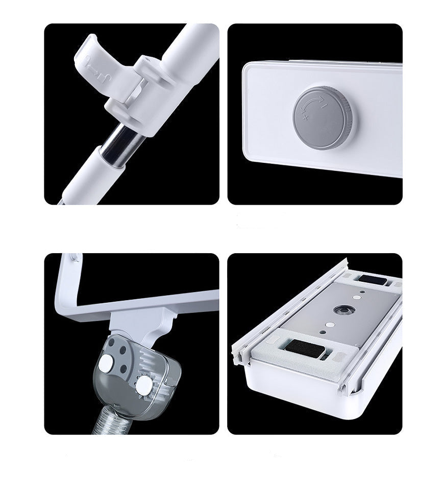 Fitlybuy magnetic window cleaner details showing extendable telescopic handle, locking mechanism, and cleaning pads.
