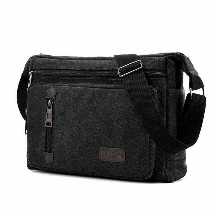 Black durable canvas Fitlybuy TravelPro shoulder bag with multiple zippered compartments and an adjustable strap.