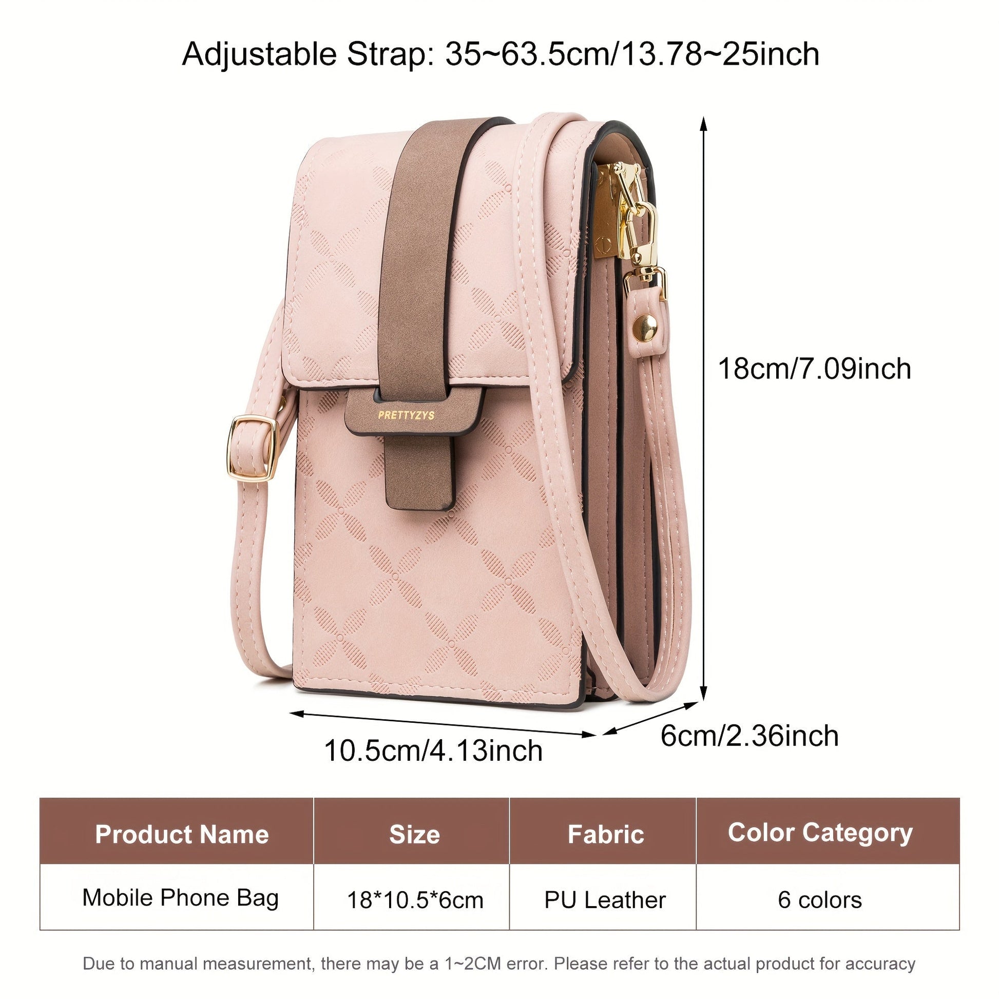 Fitlybuy Lily light pink compact anti-theft crossbody bag with floral pattern and dimensions shown in a product chart.