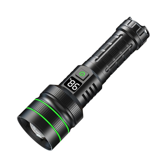 Fitlybuy black zoomable LED flashlight with green accents, power button, and digital battery percentage display.