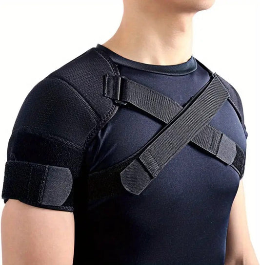 Person wearing black Fitlybuy dual shoulder compression wrap with adjustable cross-back straps and velcro closures.